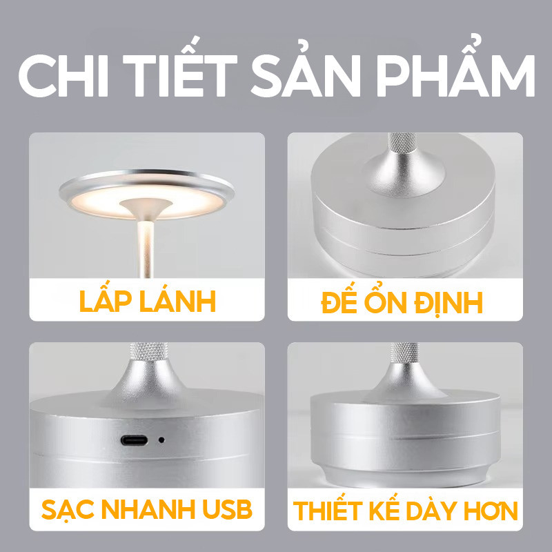 Đèn LED để bàn cảm ứng không dây, sạc USB, 3 chế độ ánh sáng, kim loại cao cấp, trang trí phòng ngủ, bàn ăn, quầy bar