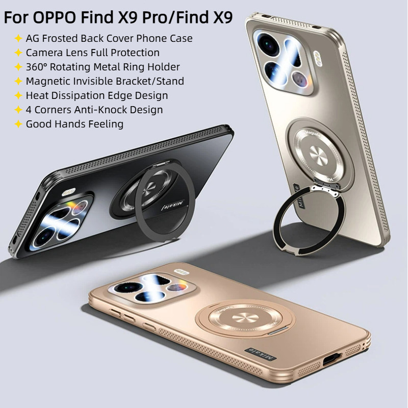 360° Xoay Vô Hình Giá Đỡ Kim Loại Từ Tính Giá Đỡ AG Mờ Vỏ Điện Thoại Cho OPPO Find X9 Pro X9 Ống Kính Máy Ảnh Bảo Vệ Toàn Diện Vỏ Cứng