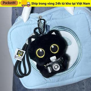 POCKETN Mèo Đen Sang Trọng Búp Bê Móc Khóa, Khăn Máy Ảnh Túi Búp Bê Mặt Dây Chuyền, Túi Đeo Vai Dễ Thương Móc Chìa Khóa Ô Tô Quà Tặng