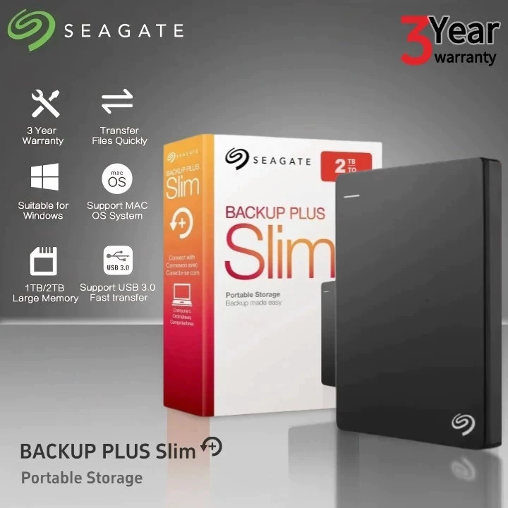 Seagate Backup Plus Slim 2TB Ổ cứng gắn ngoài HDD, Giao diện USB 3.0, Thiết kế siêu mỏng để sao lưu