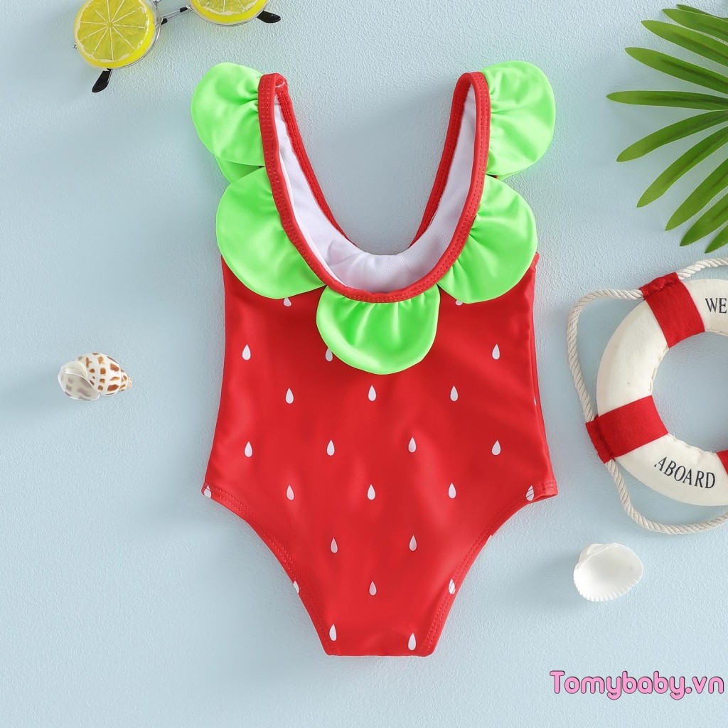 Bộ đồ bơi bé gái mới biết đi Hạt dưa hấu In màu xanh lá cây Viền cổ tròn Bộ đồ tắm trẻ sơ sinh không tay