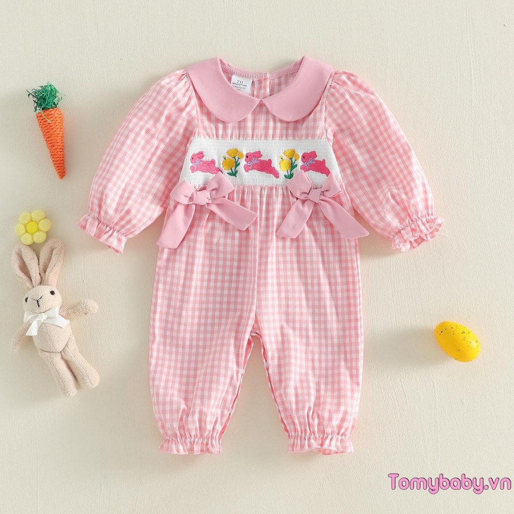 Bé Gái Phục Sinh Rompers Cổ Búp Bê Puff Dài Tay Thỏ Thêu Hoa Kẻ Sọc In Áo liền quần