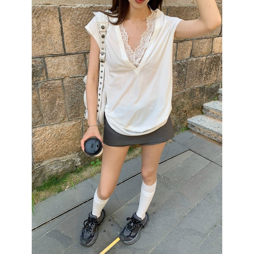 Milyfashion Gợi Cảm Nguyên Chất Desire Phong Cách Trắng Cổ Chữ v Ren Áo Vest Nữ Mùa Hè Không Tay Nhìn Xuyên Qua Top Lớp