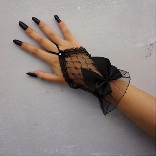 MIKYCO Găng Tay Ngắn Ren Lưới Cho Bé Gái, Phù Hợp Cosplay và Cô Dâu, Thêu Nơ Đen Handmade