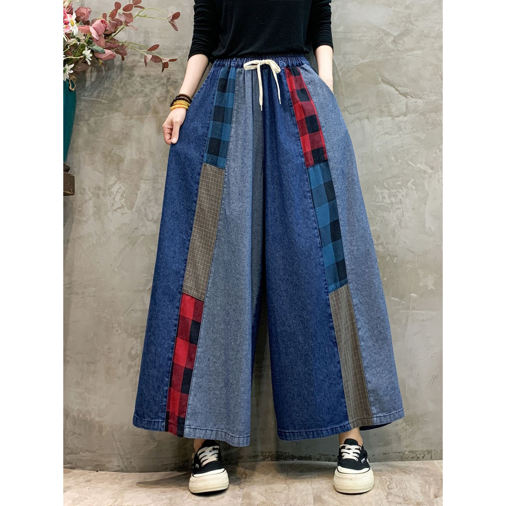 Quần Denim Nữ Cao Cấp Retro với Màu Sắc Thời Thượng, Miếng Dán Nối Eo Cao và Thắt Lưng Co Giãn, Thiết Kế Ống Rộng Thẳng