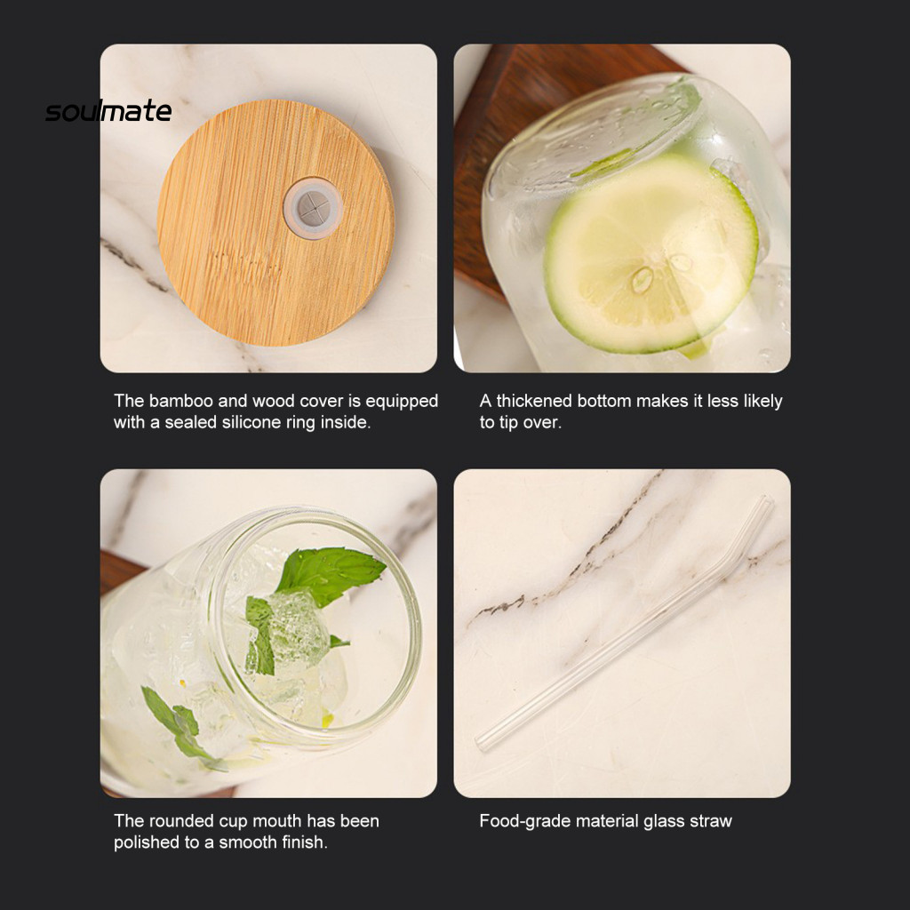 Linh hồn| Cốc uống có ga Ống hút Mason Jar Glass có nắp gỗ Hợp thời trang 500ml Thủy tinh Borosilicate Mason Jar Tumbler có nắp gỗ Ống hút – Hoàn hảo cho đồ uống Soda cho Southeas