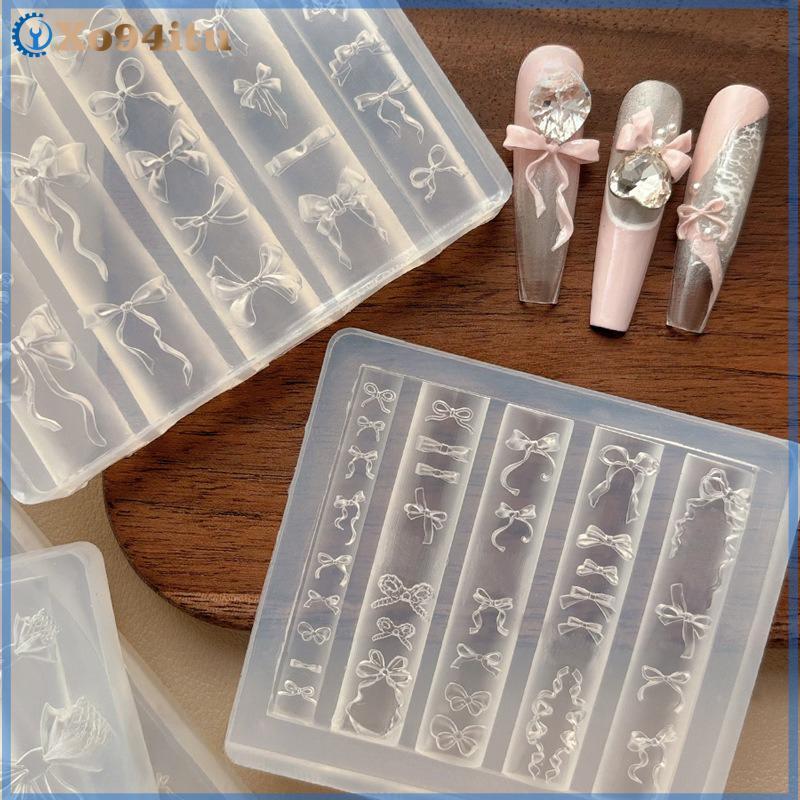 XOITU 3D Ruy Băng Nơ Hình Khuôn Dập Stencils UV Gel Ba Lan Khuôn Nghệ Thuật Silicon Khắc Khuôn DIY Thiết Kế Móng Tay Charm Trang Trí VN