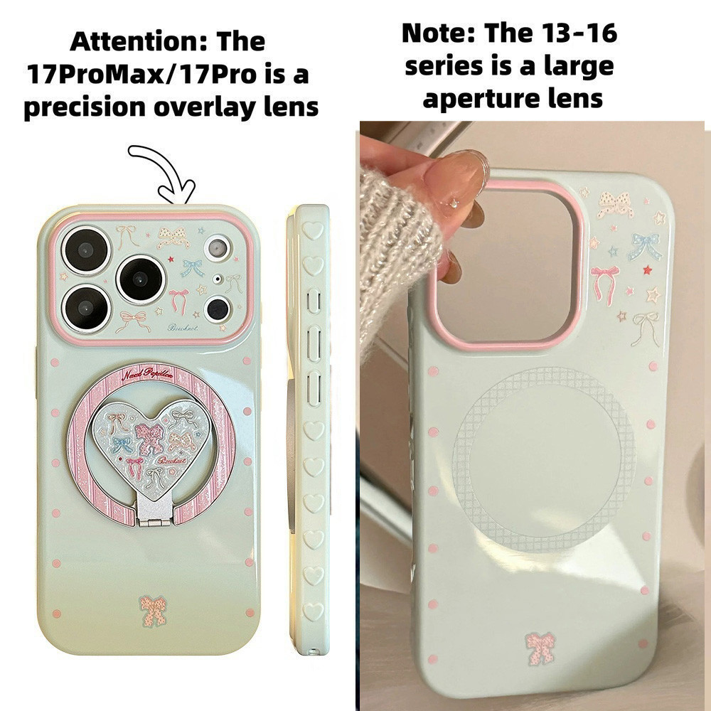 Giá đỡ gấp từ tính Bowknot Side Love Heart Vỏ điện thoại mềm cho iPhone 17 Pro Max 16 15 14 13 Vỏ bảo vệ chống sốc