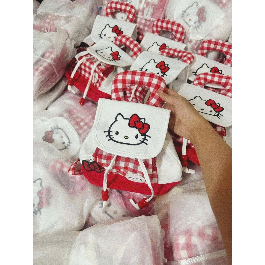 Ba Lô Hoạt Hình Hello Kitty Ba Lô Thời Trang Nữ Kẻ Sọc Đỏ Dây Rút