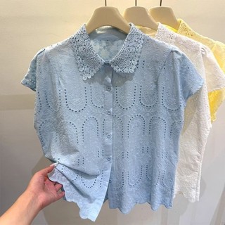 Áo cổ ren SMILE, Áo thun dáng rộng vừa vặn, Áo thun ngắn tay thêu rỗng đơn giản dành cho nữ