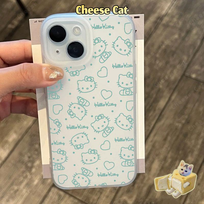 dòng mèo Kitty Ốp điện thoại màu xanh mờ cho iPhone 15 16 11 12 13 14 17 Pro Max 7 Plus XR Xs Max