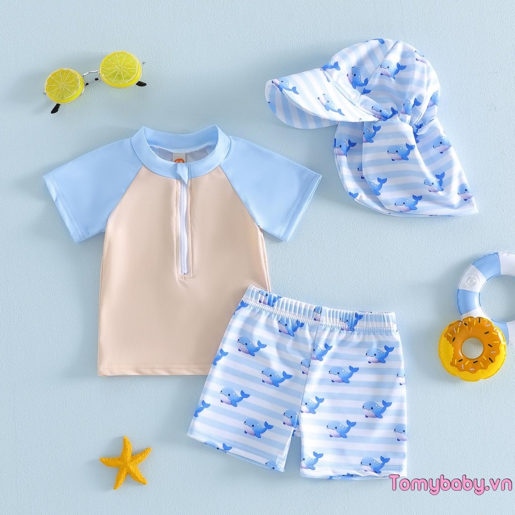 Bộ 3 Đồ Bơi Tập Đi Áo Tay Ngắn + Quần Short Sọc In Hình Cá Voi + Mũ Rash Guard Bộ Đồ Tắm