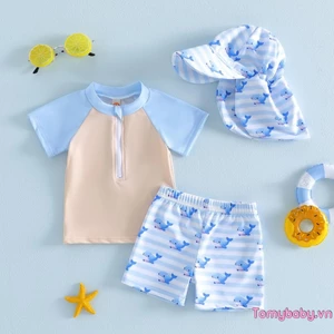 Bộ 3 Đồ Bơi Tập Đi Áo Tay Ngắn + Quần Short Sọc In Hình Cá Voi + Mũ Rash Guard Bộ Đồ Tắm