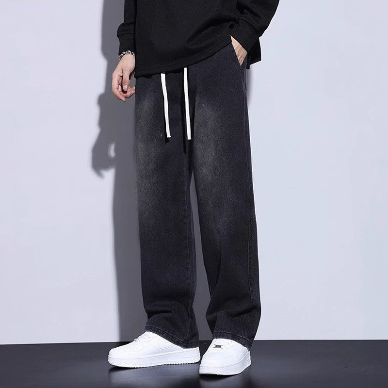 Quần jeans nam phong cách Hồng Kông, lót lông cừu, dáng rộng cỡ lớn