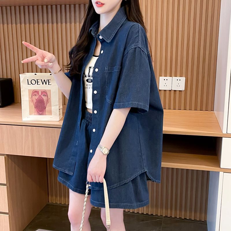 Bộ hai món áo sơ mi và quần short denim rộng rãi, phong cách mới, thời trang mùa xuân hè, dành cho nữ