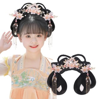 Trẻ Em Hanfu Tóc Giả Cổ Một Mảnh Tóc Cuộn Bé Gái Trang Phục Cổ Bun Mũ Đội Đầu Nơ Đệm Tạo Kiểu 26.3.25 QRBD