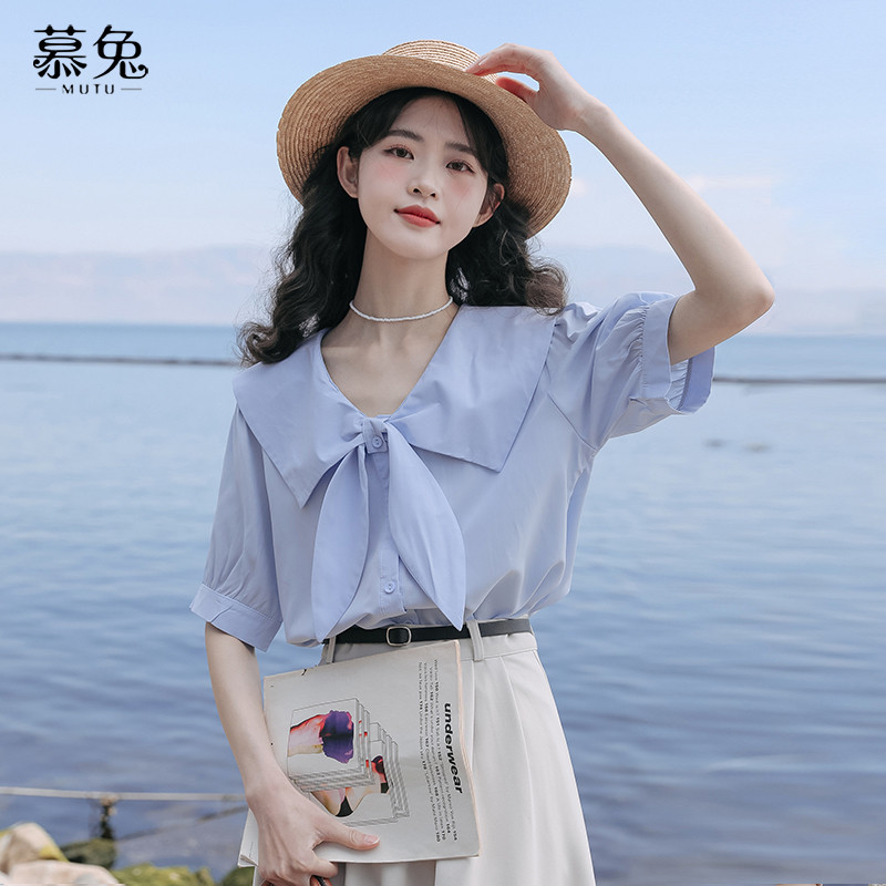 Mutu cổ nơ bông bê tay ngắn phong cách mới cho mùa hè
