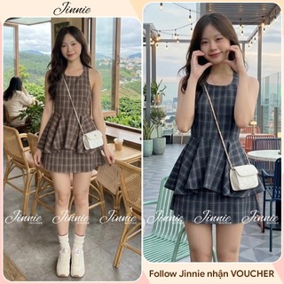 Set Áo Yếm Dáng Peplum 2 Dây Buộc Cổ Kẻ Caro Kèm Chân Váy Ngắn Chữ A Tôn Dáng Tôn Eo Mặc Đi Chơi