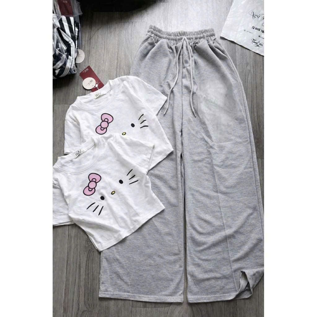 sét bộ quần dài da cá xám đậm+mix áo Croptop hình mèo đơn giản  -thoitrangsetbo