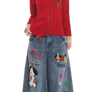Chó Con Dễ Thương - Miếng Dán Thêu Cho Quần Jean Xanh Phối Ống Rộng Thời Trang Nữ
