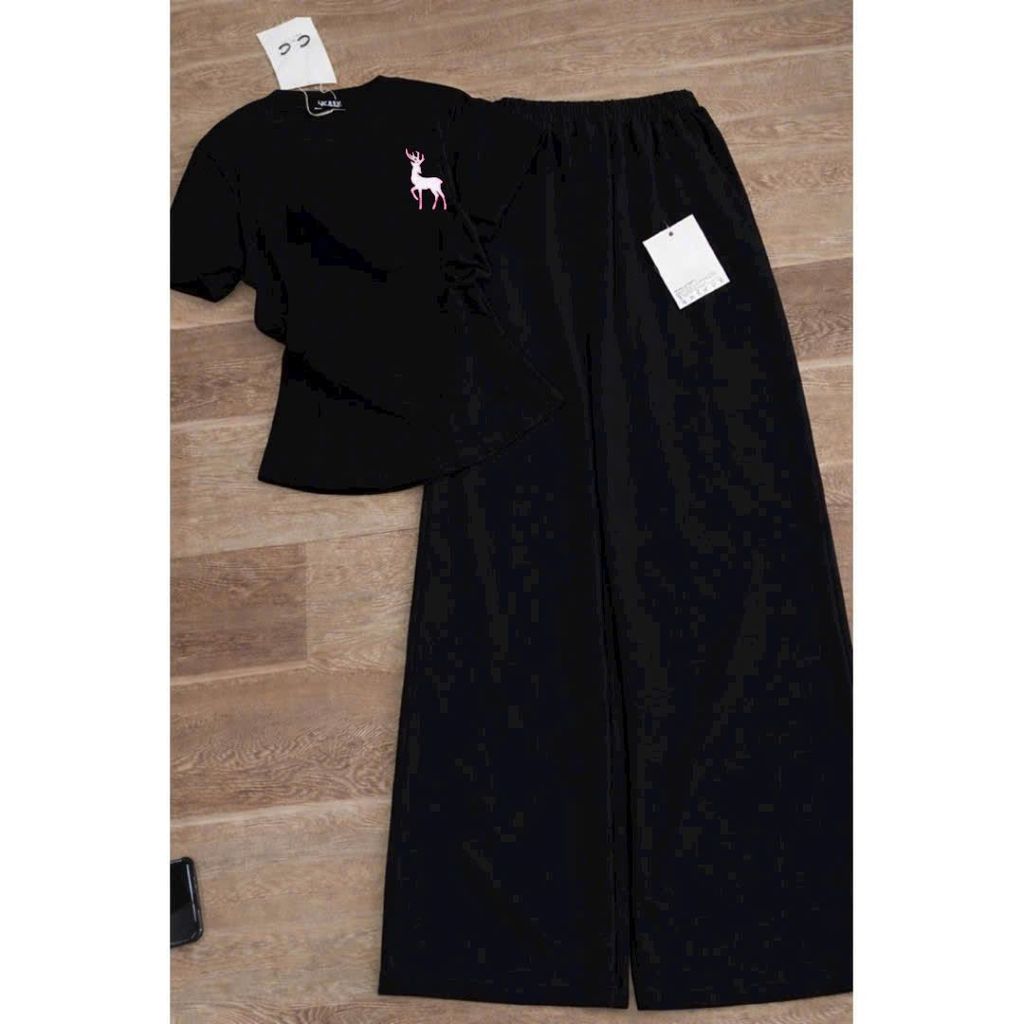 Sét bộ quần dài chun đen hách dáng +mix áo croptop tăm lạnh hình tuần lộc   in ng ự c-chang3158