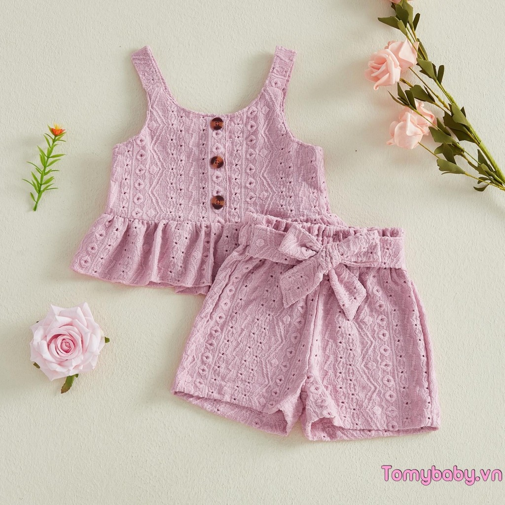 Bộ đồ mùa hè cho bé gái Bộ Áo hai dây rỗng + Quần short buộc dây chắc chắn Trang phục 2 món mùa hè