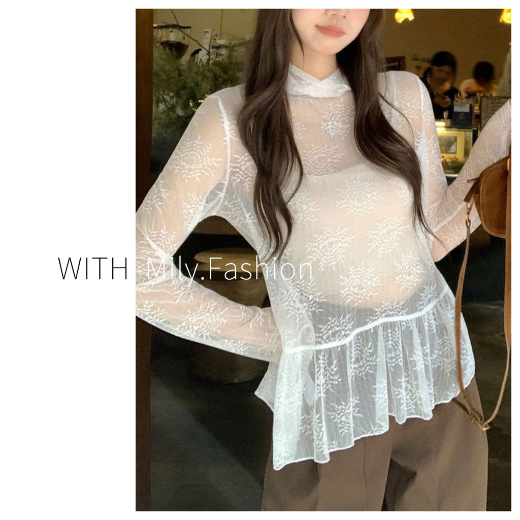 Milyfashion See-Through Trắng Nửa Cổ Cao Ren Mỏng Tay Áo Thun Vải Jacquard Phong Cách Ballet