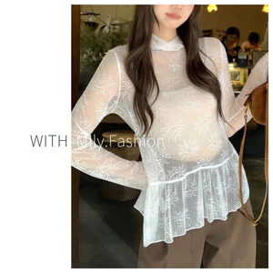 Milyfashion See-Through Trắng Nửa Cổ Cao Ren Mỏng Tay Áo Thun Vải Jacquard Phong Cách Ballet