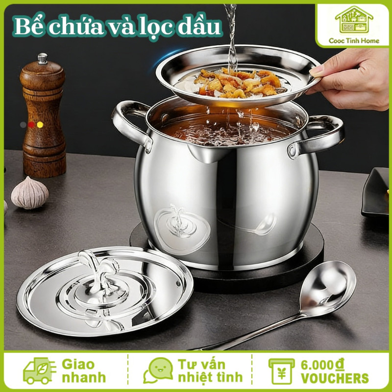 Âu/Hũ Inox 304 Không Gỉ Có Nắp Và Tay Cầm, Dung Tích Lớn 1.5L/2.5L Lít, Đựng Và Tích Trữ Dầu Mỡ Thức Ăn Trong Bếp