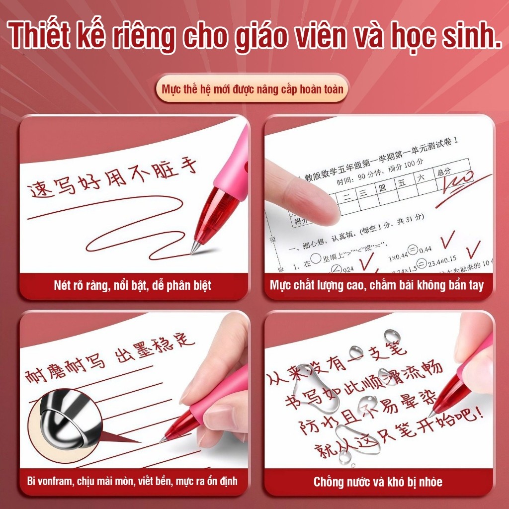 Bút bi đỏ chất lượng cao, ngòi 0.5mm mảnh gọn, thiết kế đẹp mắt cho học sinh, bộ đồ dùng học tập tiện dụng gồm 30 cái