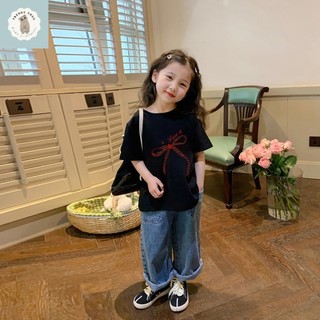 Áo thun bé gái in một mặt có nơ, kiểu dáng thường ngày, thoáng khí, thoải mái, cổ tròn, thích hợp cho hoạt động thể thao