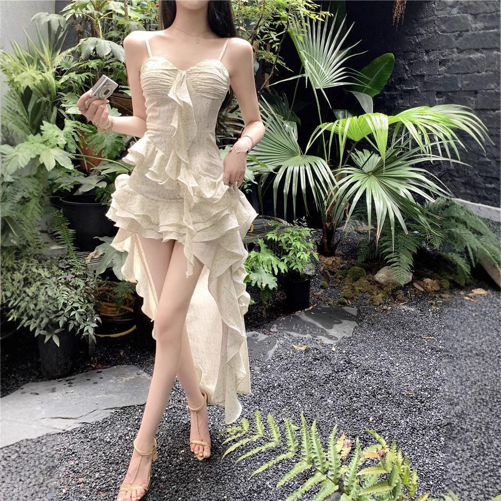Đầm Sling Sang Trọng Cổ Tích Đi Biển Váy Kỳ Nghỉ Nữ Mùa Hè Không Đều Xù Váy Dài