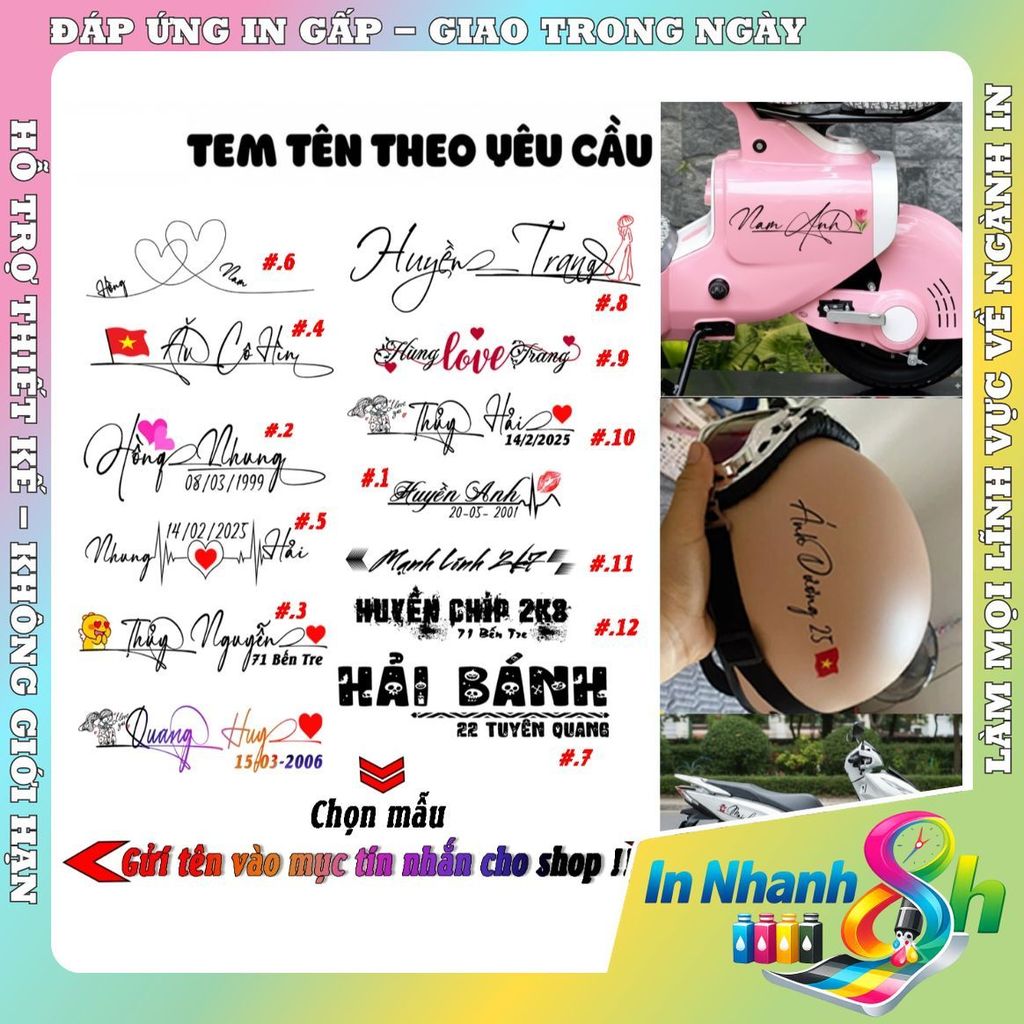 TEM DÁN XE CHỮ KÝ THEO TÊN - Theo Yêu Cầu Cá Nhân của bạn - chọn mẫu và nhắn tên bạn cho shop