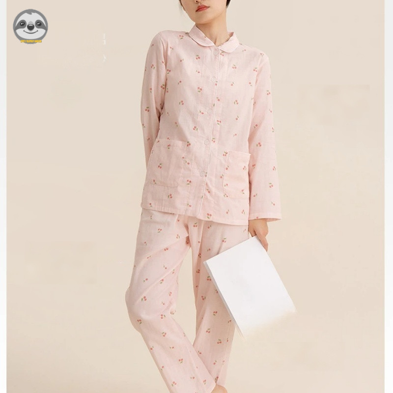Quần dài tay anh đào cotton nguyên chất dành cho nữ Đồ ngủ / Gạc cotton hai lớp Mặc cha mẹ và con cái / Thoải mái mềm mại có thể mặc Bộ đồ ngủ bên ngoài / Mồ hôi thoáng khí chất lượng cao @