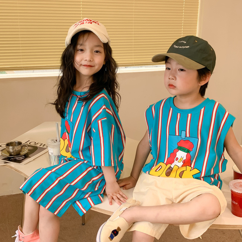 Bộ đồ Brother Sister Áo thun ngắn tay sọc mùa hè 90-140 Size K2VR