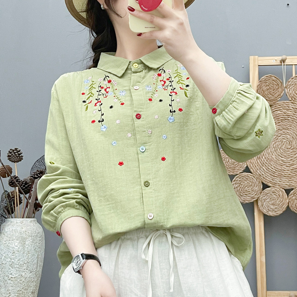 [Hàng có sẵn] Áo sơ mi nữ 100% cotton Mori Art, thiết kế thêu họa tiết hoa nhẹ nhàng, phù hợp làn da