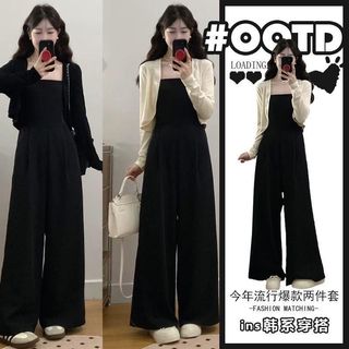 Bộ đồ mùa xuân mùa hè Plus Size Jumpsuit + Cardigan Nữ Bộ đồ thể thao thông thường dành cho nữ 2025 Phong cách mùa thu Fat mm Sling Jumpsuit Quần ống rộng Phong cách phương Tây Bộ đồ hai mảnh giảm tuổi Plus Size Quần áo nữ