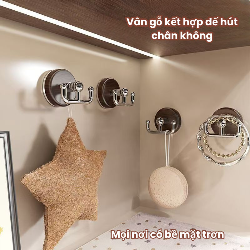 Móc Treo Đôi Vân Gỗ Hút Chân Không – Móc Dán Không Cần Khoan, Chịu Lực Tốt, Đa Năng Cho Nhà Bếp & Phòng Tắm