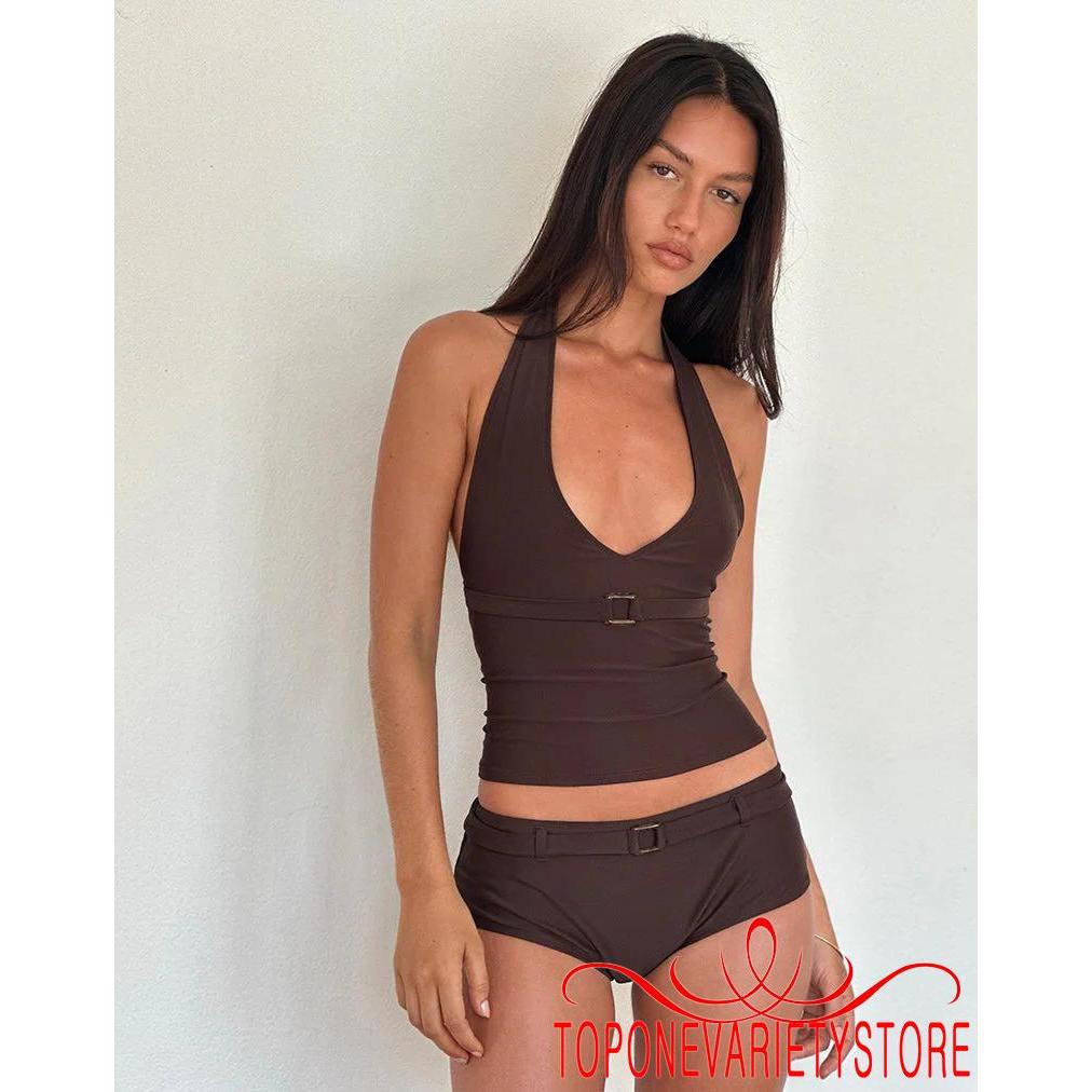Topone - Bộ đồ bơi Tankini mùa hè dành cho nữ: Áo dây màu trơn thời trang và quần short