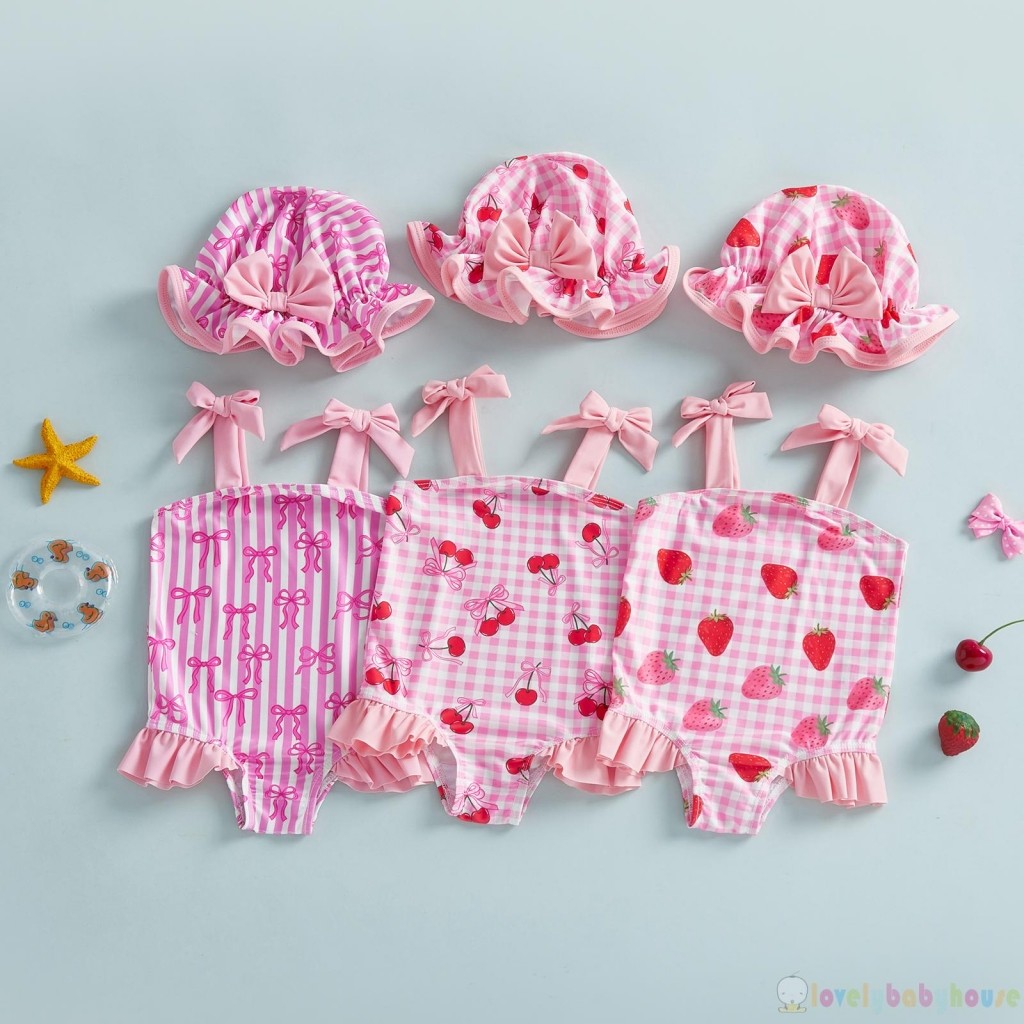 LBH-Toddler Girl Summer Strawberry / Bow / Cherry Print Áo tắm đeo vai không tay có mũ bơi