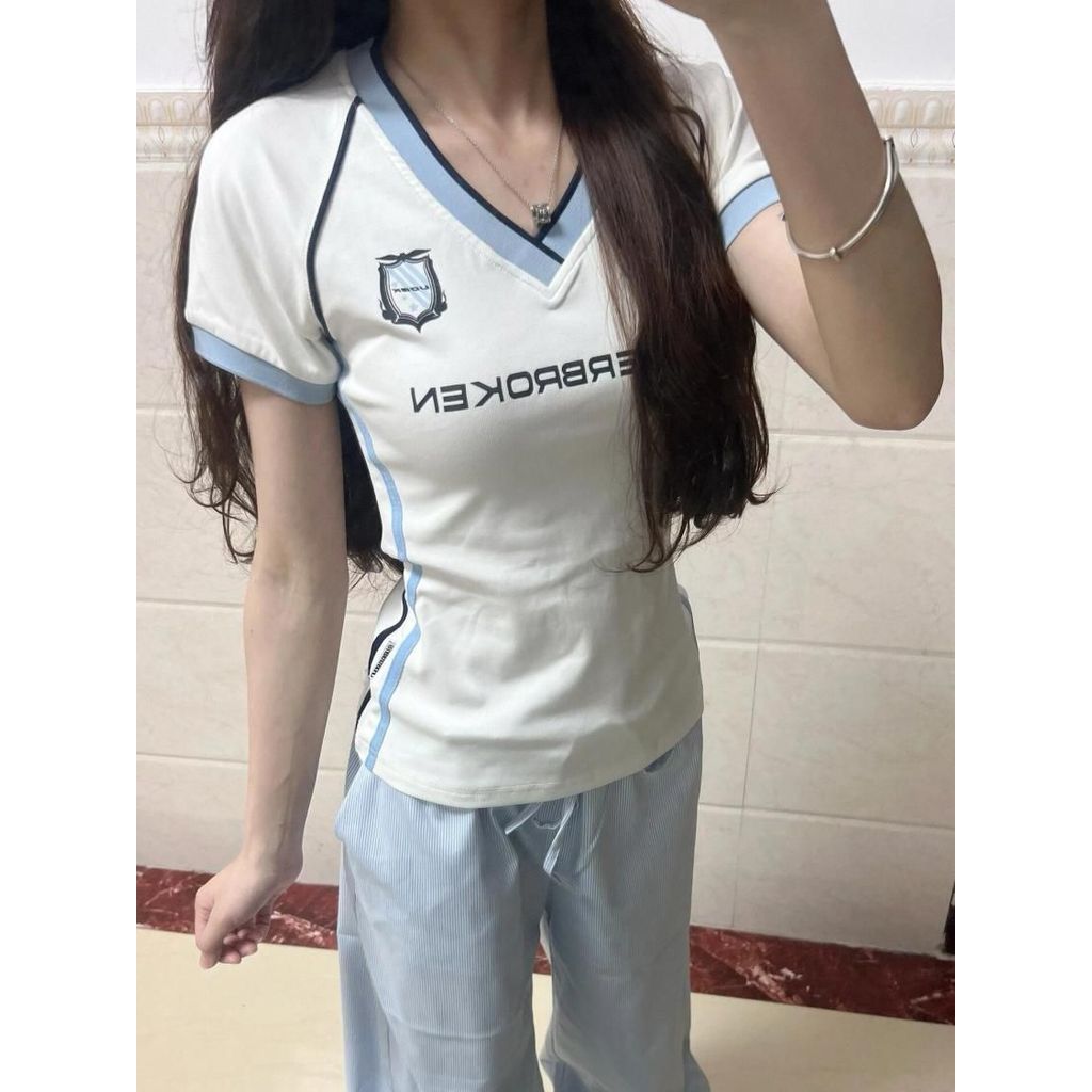 Áo thun ngắn tay cổ chữ V cổ điển kiểu Mỹ dành cho nữ - Mùa hè, slim-fit, phù hợp mọi outfit