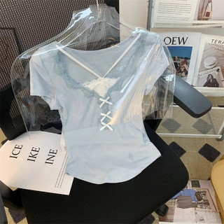 Áo Thun Nữ Slim-Fit Với Chi Tiết Ren Màu Sắc Tương Phản, Phù Hợp Mùa Hè