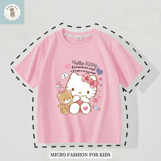 Áo thun mỏng cổ tròn in hình hoạt hình Hello Kitty, kiểu dáng giản dị và thoải mái dành cho bé gái.