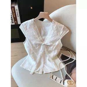 Ao sơ mi trắng tay ngắn thiết kế cổ V phối ren buộc nơ bánh bèo dễ thương kiểu Pháp XIMIMI SP456