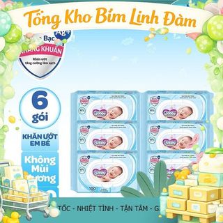 Bộ 6 gói Khăn ướt Bobby không mùi 100, 80 tờ/gói (Xanh) - Thảo Nhi Kid