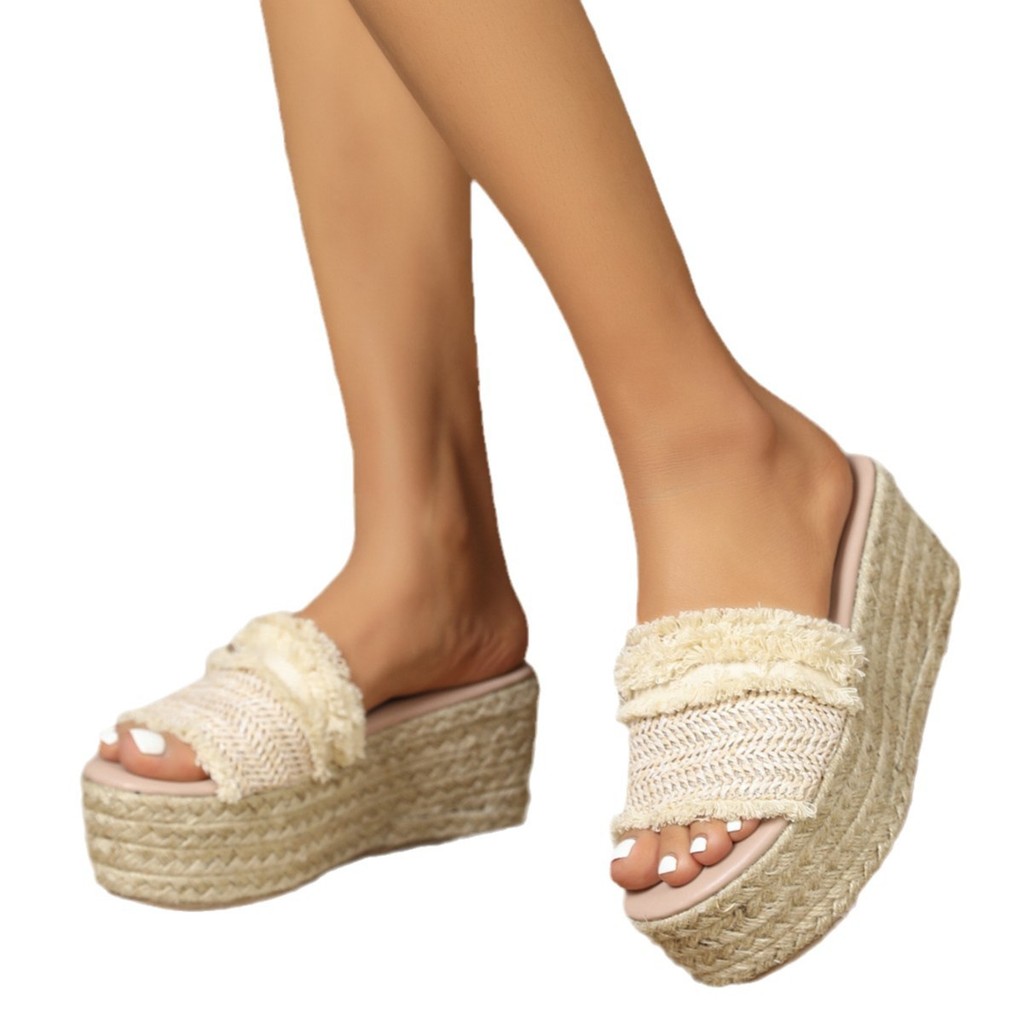 Size Lớn 35-42 Nêm Gót Giày Sandal Nữ Gai Dây Bện Ống Hút Chảy Mùa Hè Phong Cách Kỳ Nghỉ Dép Thường Ngày Thoáng Khí Chống Trơn Trượt 4VA5