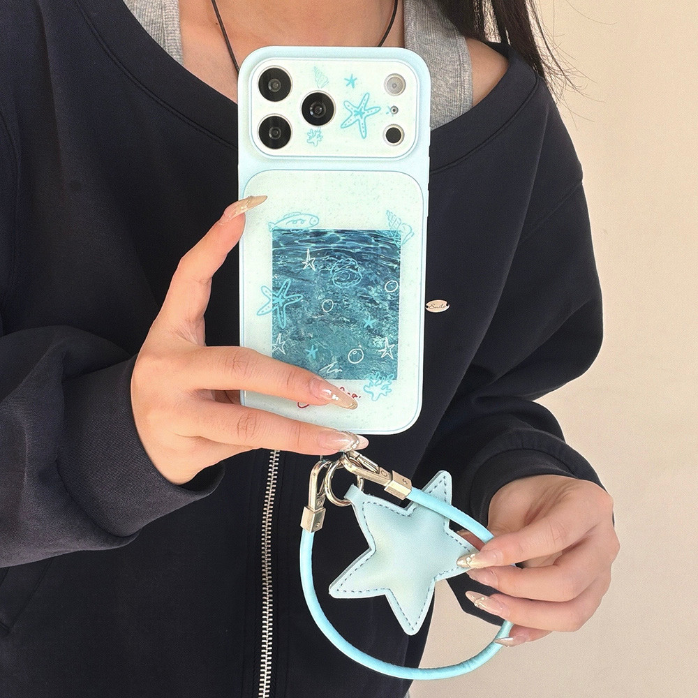 Ốp điện thoại Acrylic 2 trong 1 Blue Ocean Lines + Dây buộc cho iPhone 17 Pro Max 16 15 14 13 Vỏ bảo vệ chống sốc