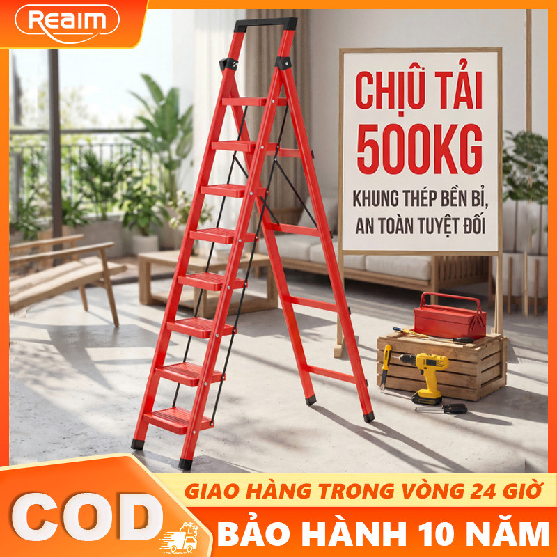 Thang gấp gọn Thang Chữ A Thang gấp màu đỏ Khung thép, an toàn tuyệt đối Tải Trọng 500kg