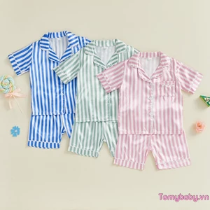 Bộ Đồ Ngủ Satin Cho Bé Trai Bé Gái Tay Ngắn Cổ Áo Sọc + Quần Short Eo Co Giãn Đồ Ngủ Phù Hợp Với