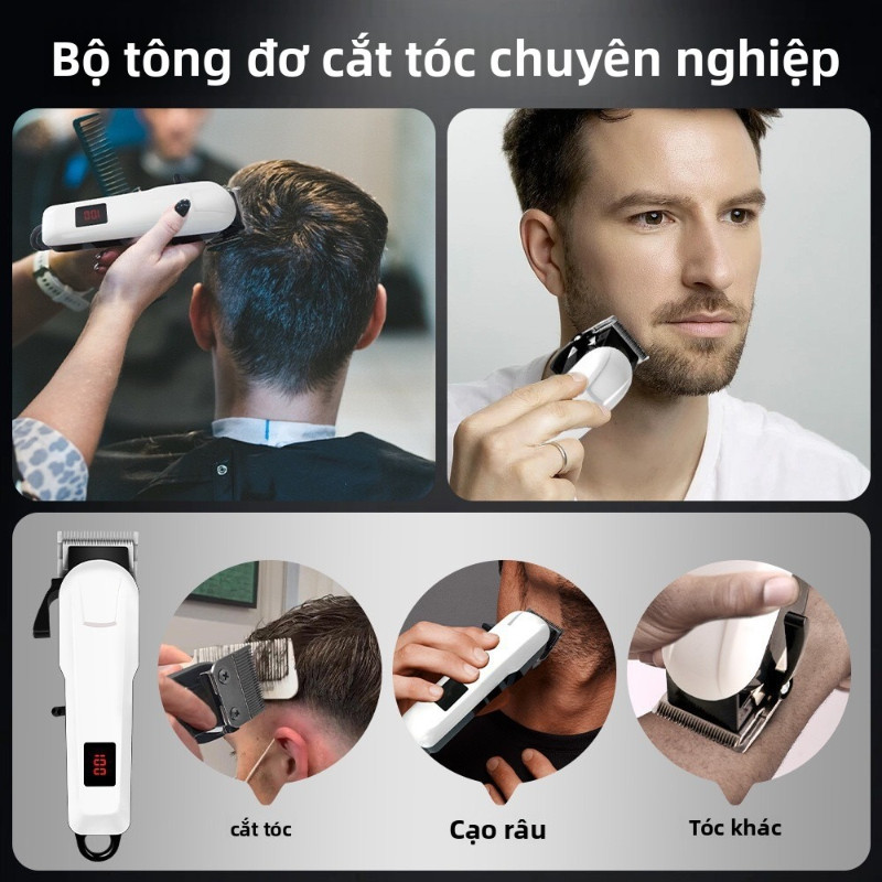 Tông đơ cắt tóc không dây chuyên nghiệp,Lưỡi titanium, màn hình LED hiển thị pin, dùng được cho cả gia đình và thú cưng